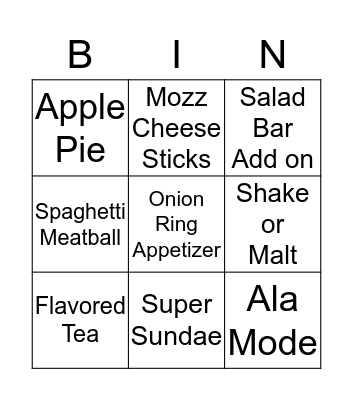 Dinner Bingo Card
