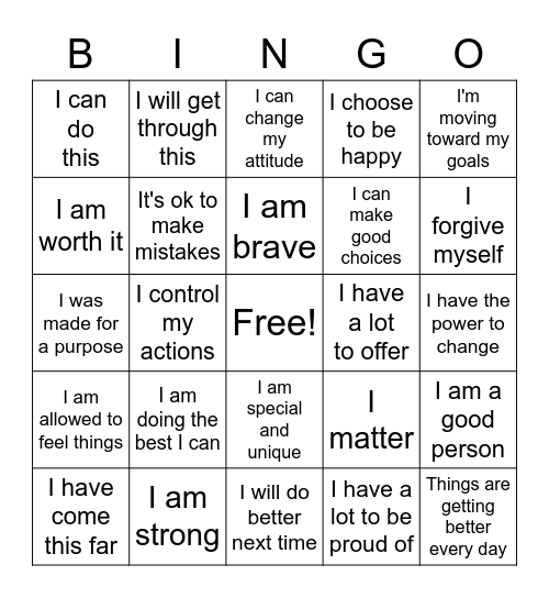 Positive Self Talk Bingo Card