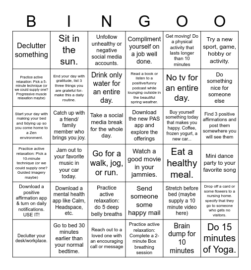 JCHD Mental Health Bingo Card