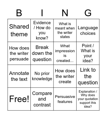 Question Type Bingo Card