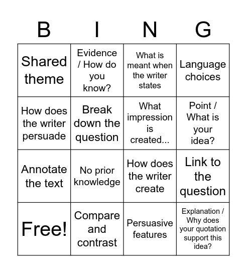 Question Type Bingo Card