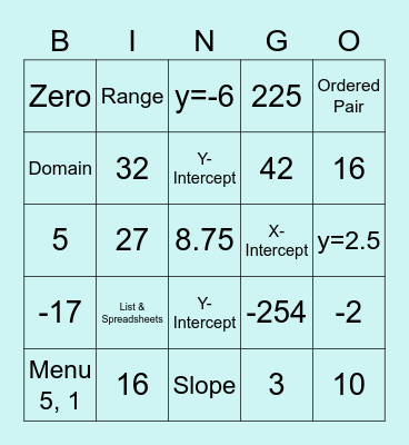 EOC Algebra Review Bingo Card