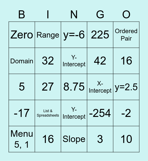 EOC Algebra Review Bingo Card