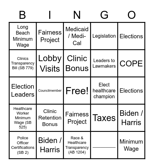 SEIU-UHW Politics Bingo Card