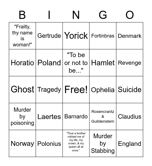 Shakespeare's Hamlet Bingo Card