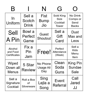 TV Bingo - Servers/ Bartenders Bingo Card