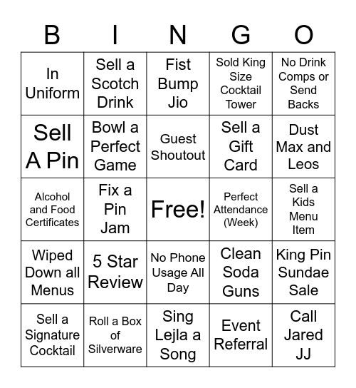 TV Bingo - Servers/ Bartenders Bingo Card