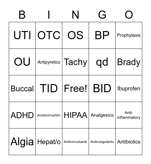 Pharmacy Bingo Card