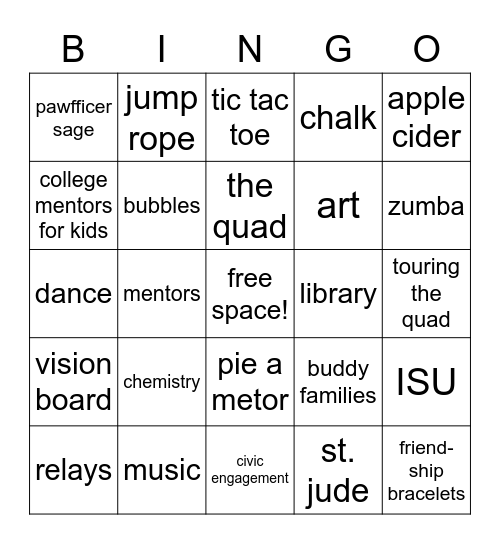 college mentors bingo Card