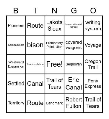 Westward Expansion Bingo Card