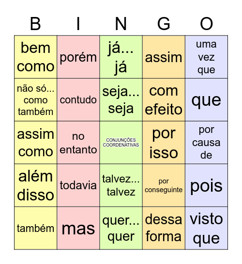 Conjunções Coordenativas Bingo Card