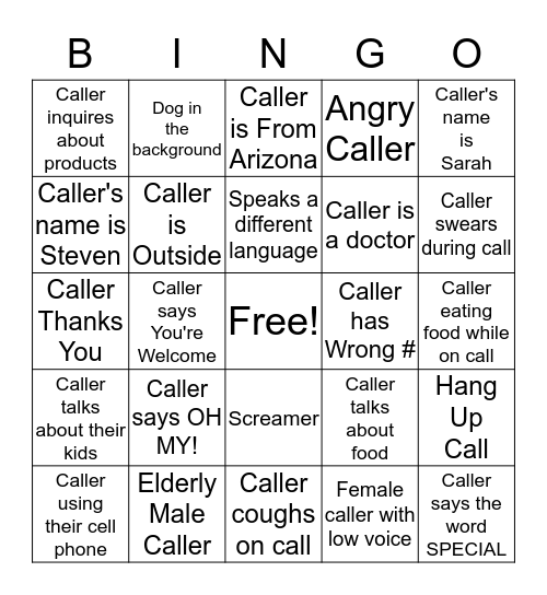 CALLER BINGO Card