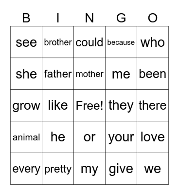 sight words bingo Card