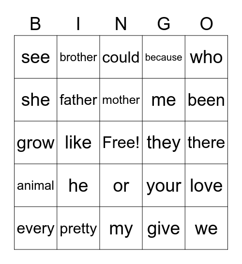 sight words bingo Card