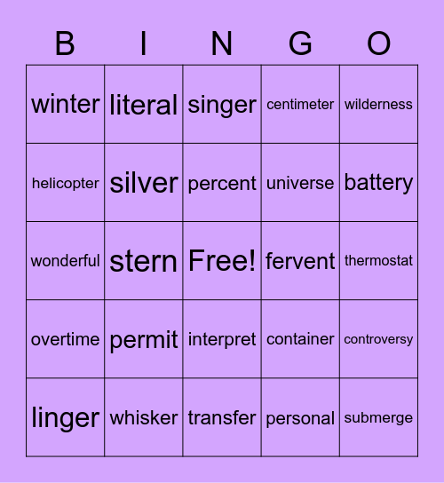 ER Words Bingo Card