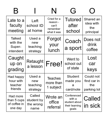 New Teacher EOY Bingo Card
