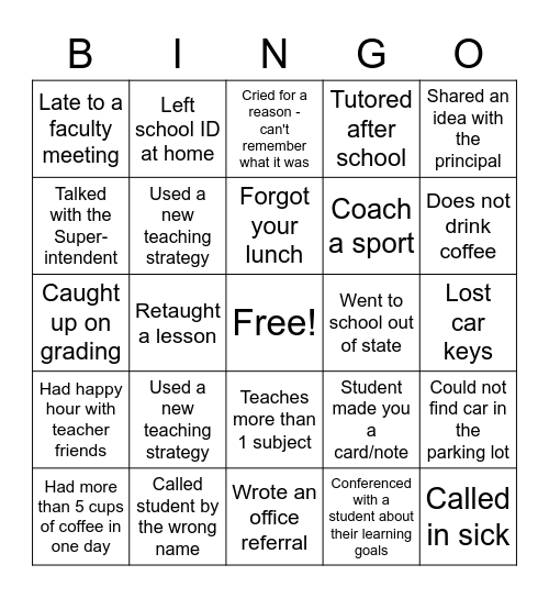New Teacher EOY Bingo Card