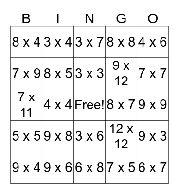 Multiplication Bingo Card