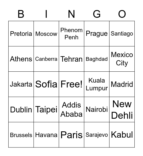 Capitals of the World Bingo Card