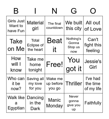 80s/90s Mix Bingo Card