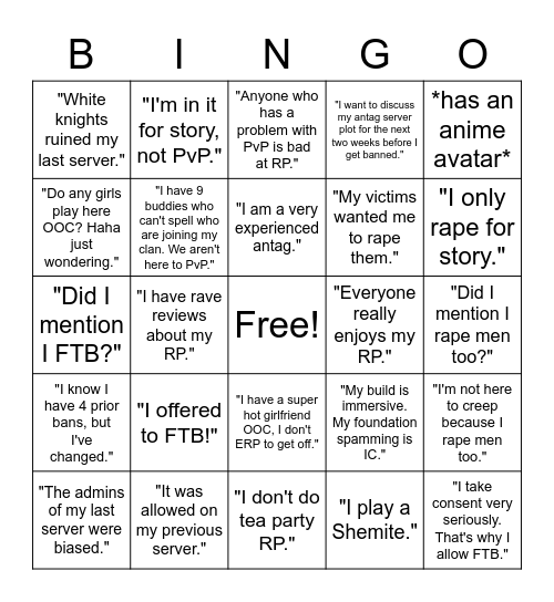 Rape RP Bingo Card