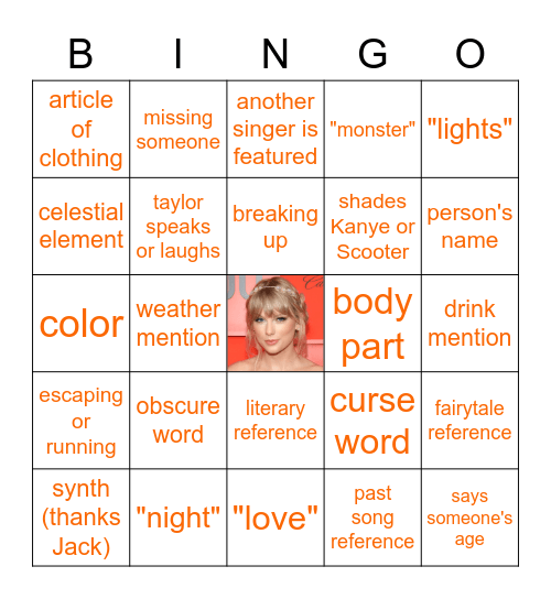 Taylor Swift Lyrics Bingo Card