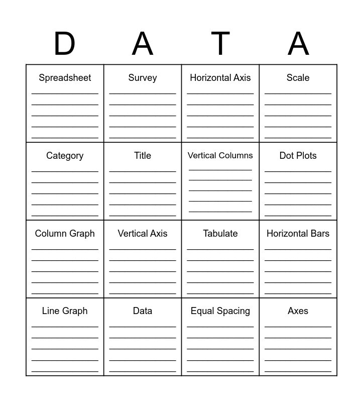 Data Definition Bingo Card