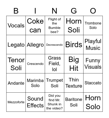 Marching Band Bingo Card