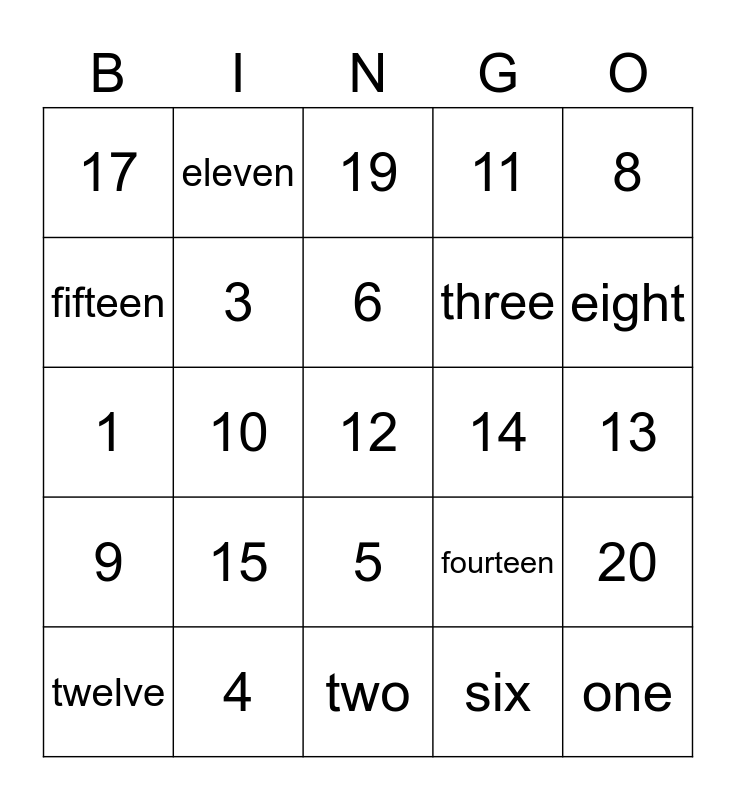 Numbers 1-20 Bingo Card