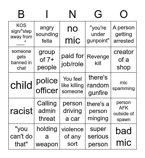 Gmod Bingo Card