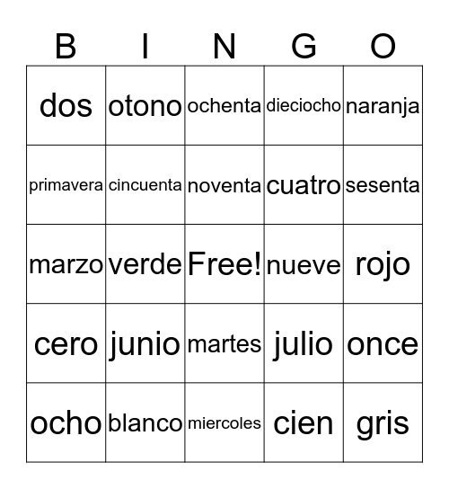 Spanish Bingo Card