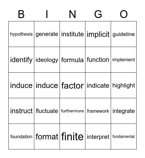 Academic Vocabulary F G H I Bingo Card