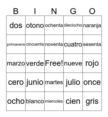 Spanish Bingo Card