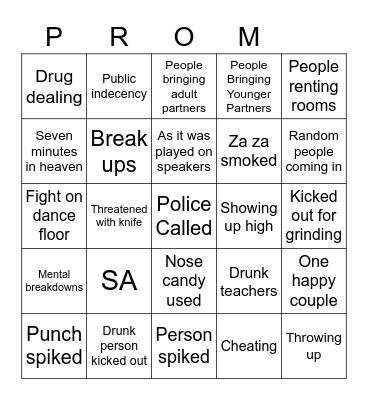 Prom Bingo Card