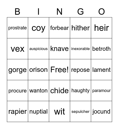 Vocab 19 Bingo Card