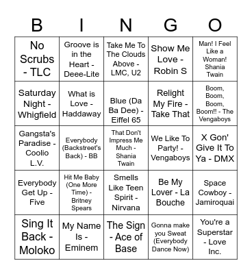 90's Hits (and Misses) Bingo Card