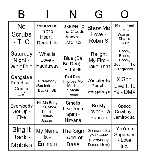 90's Hits (and Misses) Bingo Card