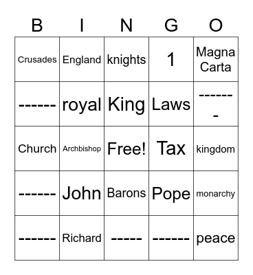 Magna Carta Bingo Card