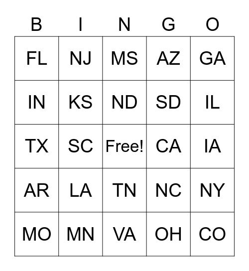State Bingo (A) Bingo Card