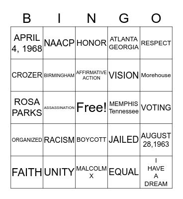 MARTIN LUTER KING,JR Bingo Card