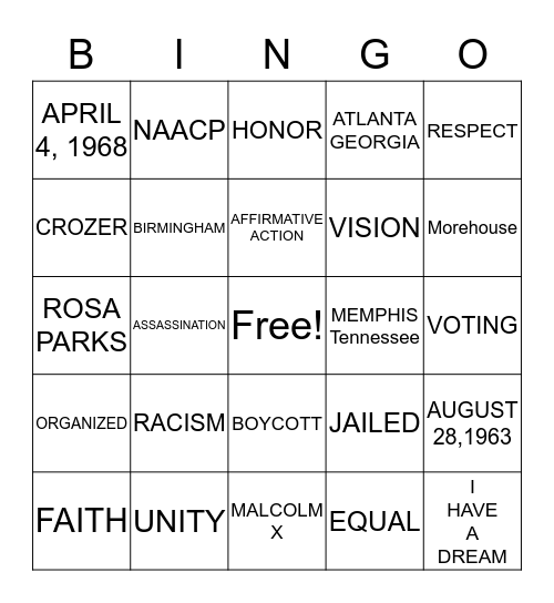 MARTIN LUTER KING,JR Bingo Card