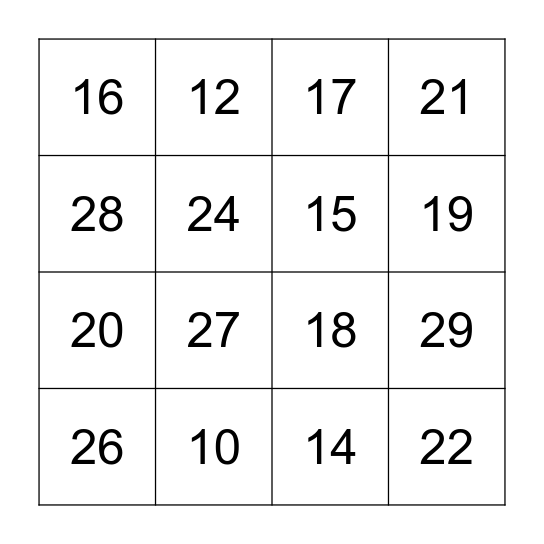 Number Bingo Card