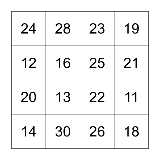 Number Bingo Card