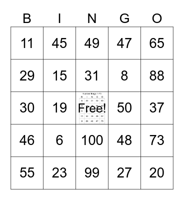 Numeros Bingo 0-100 Bingo Card