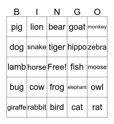 Animal Signs Bingo Card