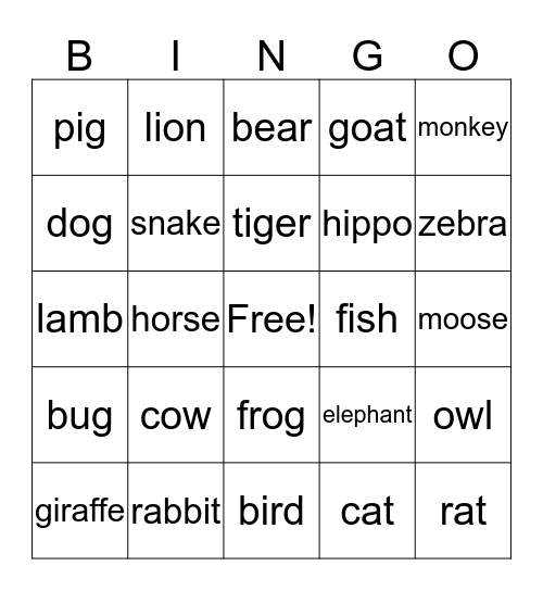 Animal Signs Bingo Card