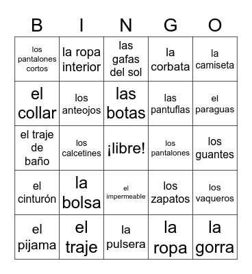La Ropa-Clothing Bingo Card