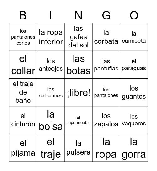 La Ropa-Clothing Bingo Card