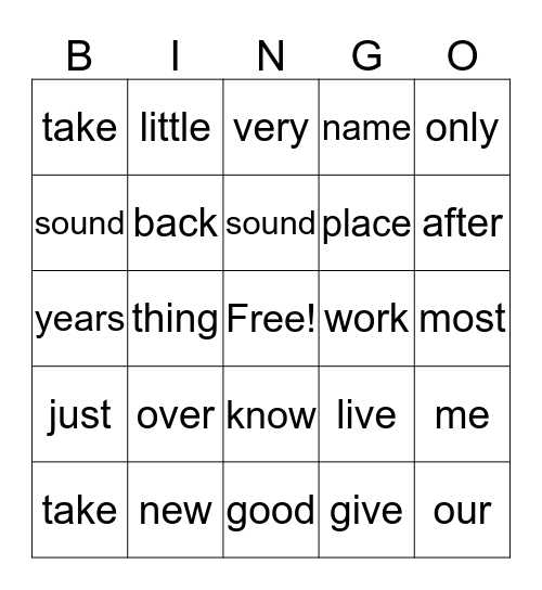 Fry Sight Words Bingo Card