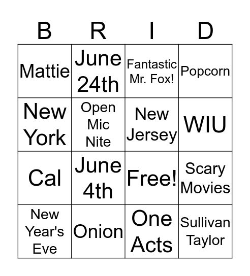 Bridal Bingo Card